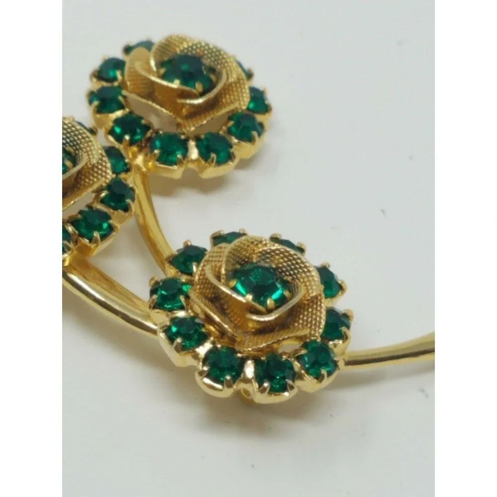 Vtg flower‎ bouquet brooch pin gold tone green rhinestone beads florentine boho